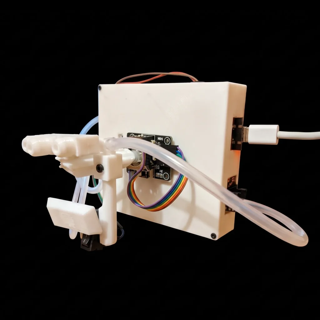 Colibrí V1.0 sobre fondo negro: caja blanca impresa en 3D con el joystick, la boquilla de tres orificios, el botón del labio y los tubos transparentes.