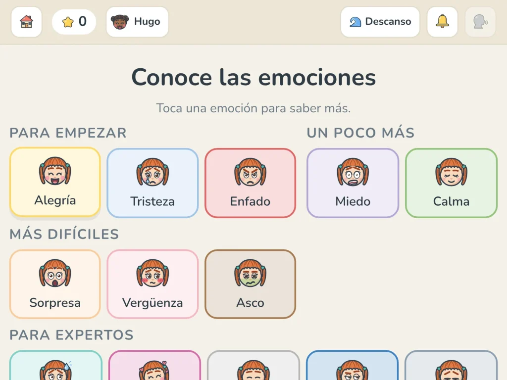 Pantalla «Conoce las emociones» de Mentes en Vuelo: caras dibujadas de una niña pelirroja con distintas expresiones, en tarjetas de colores con su nombre (Alegría, Tristeza, Enfado, Miedo, Calma, Sorpresa, Vergüenza y Asco), agrupadas en Para empezar, Un poco más, Más difíciles y Para expertos.