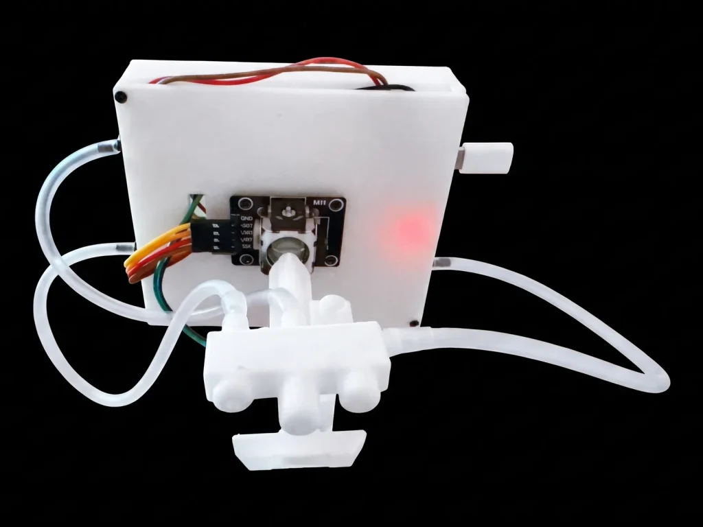 Colibrí V1.0 visto de frente sobre fondo negro: caja blanca impresa en 3D con el joystick en el centro, la boquilla de tres orificios encajada en su palanca, el botón del labio debajo y los tubos transparentes que van a los sensores.