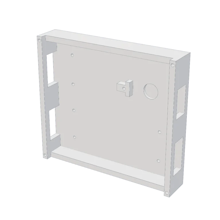 Render 3D del cuerpo de Colibrí V1.0: caja plana y abierta por delante, con huecos en los laterales.